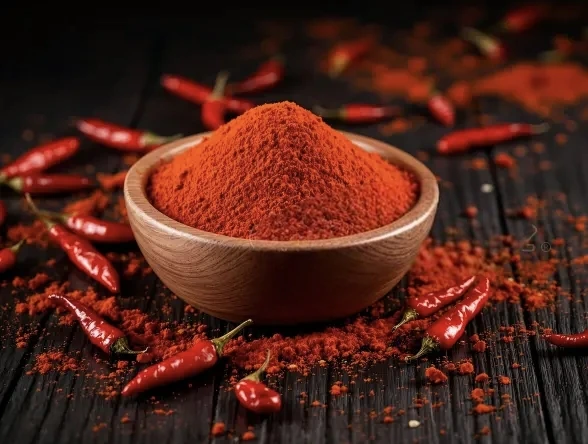 Dried whole red chillies and red chilli powder on dark slate