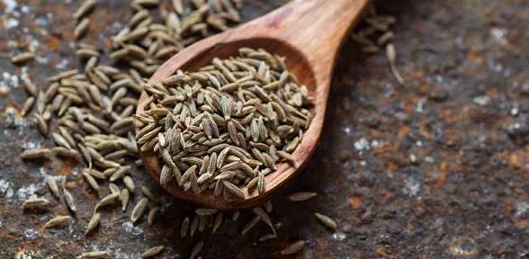 Whole cumin seeds heaped in a wooden spoon
