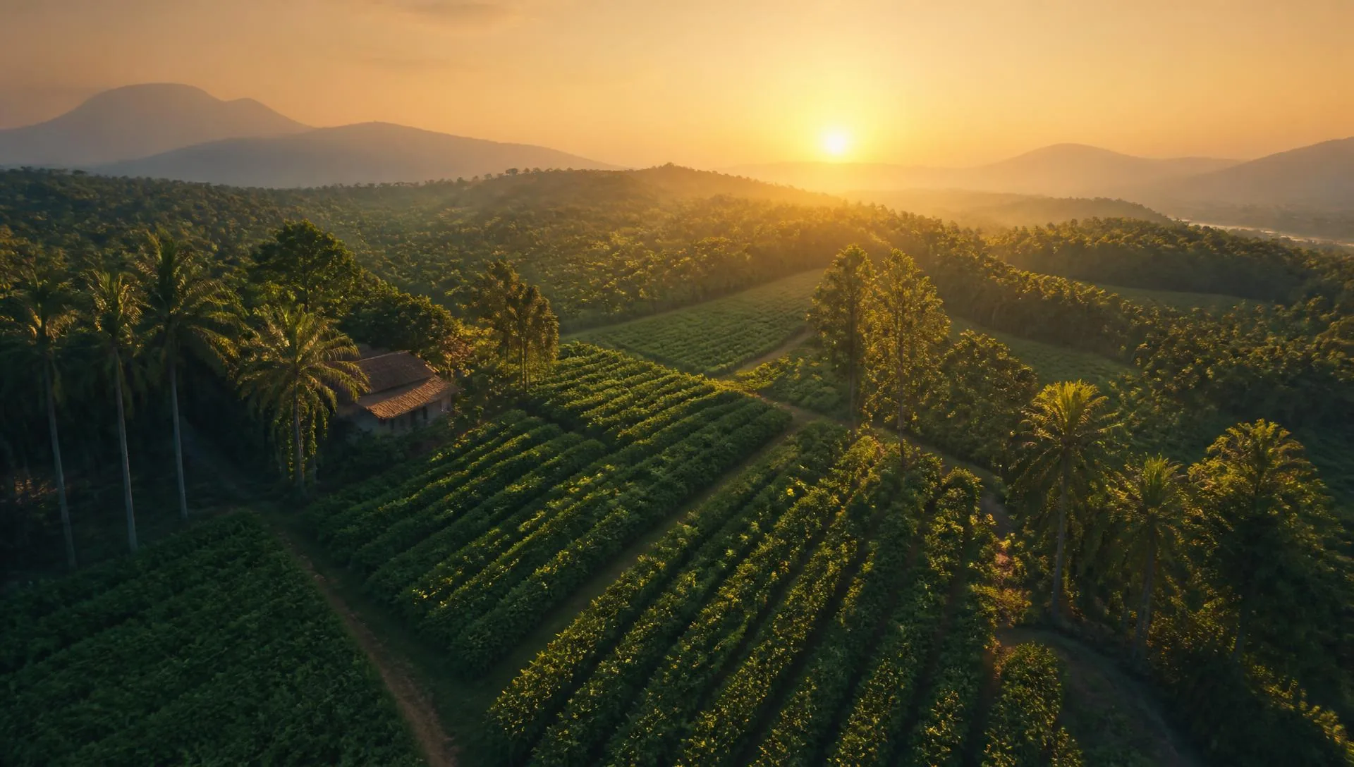 Aerial view of Indian farmland at golden hour