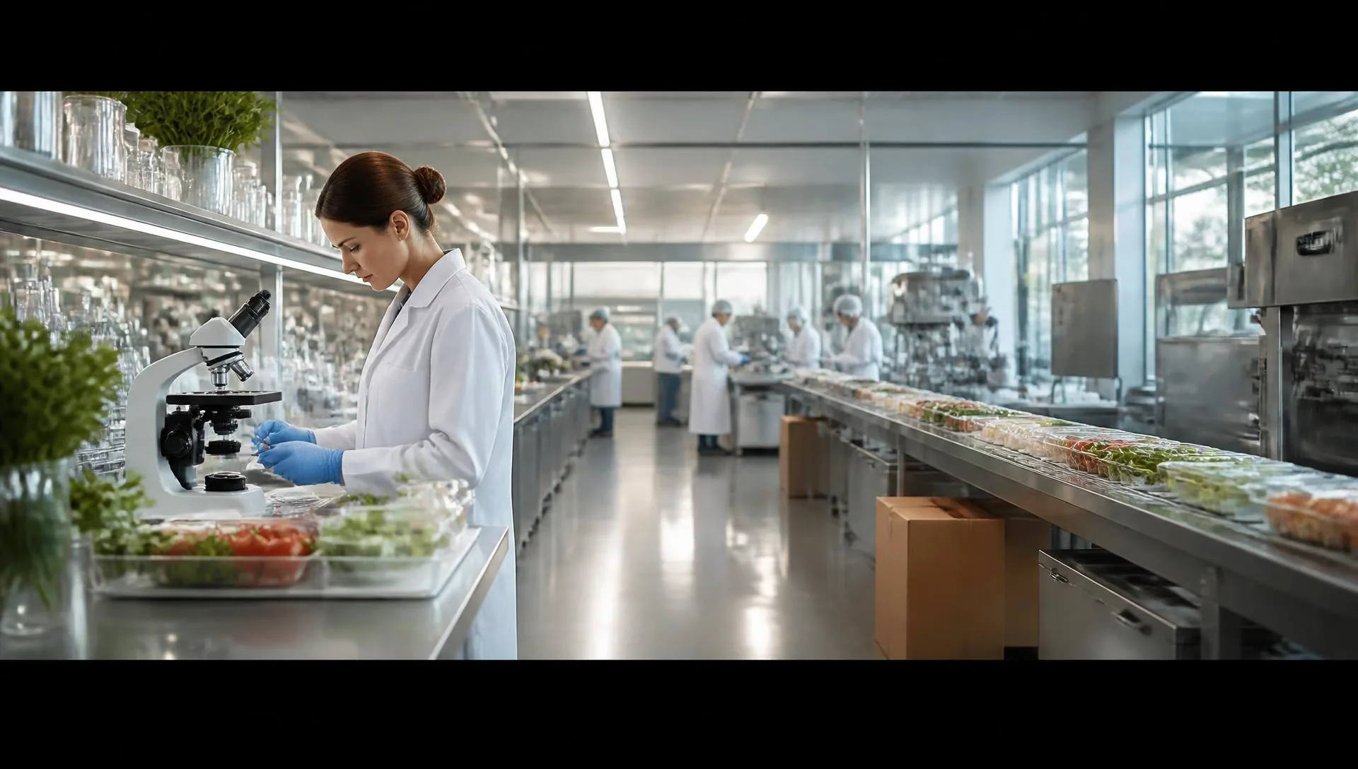 Technicians inspecting food samples in a modern quality laboratory
