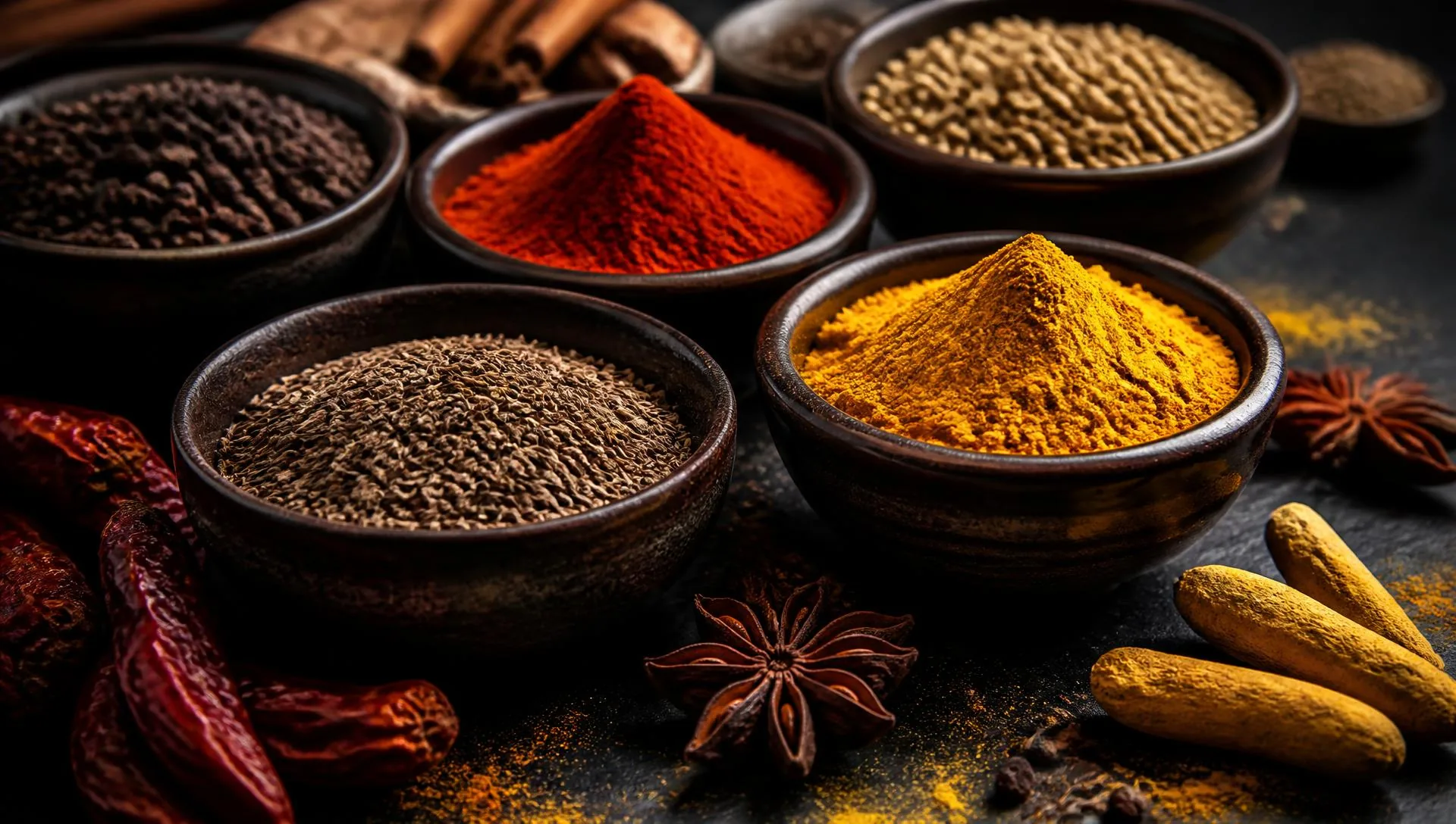 Indian spices in dark ceramic bowls under dramatic light
