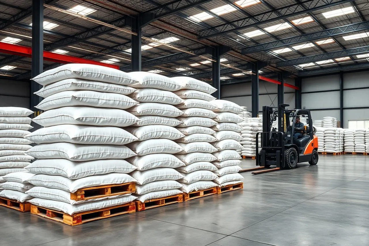 Pallets of sugar bags stacked in a warehouse