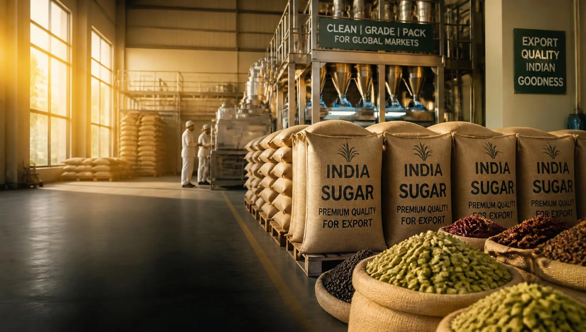 Export-quality jute sacks of Indian sugar and spices stacked in a sunlit warehouse
